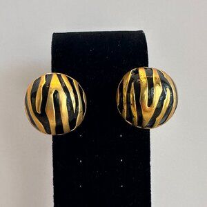 Round Gold-Tone Black Clip Earrings